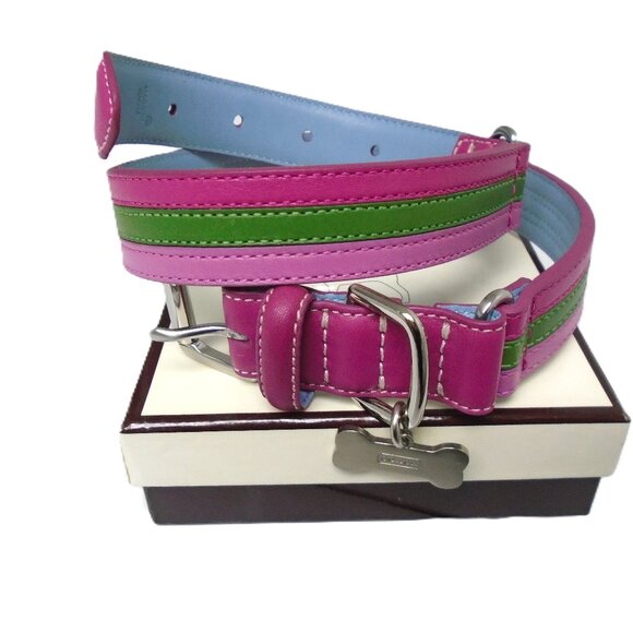 NEW COACH LEATHER PINK AND GREEN STRIPED DOG PET COLLAR 4352 SIZE EXTRA LARGE - Picture 1 of 13